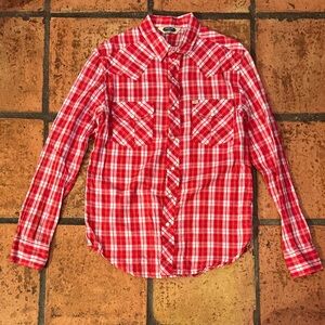 Urban Outfitters Men’s Red Plaid Western Shirt with Pearl Snaps.